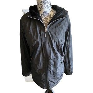 HFX Ladies L Jacket Black Faux Fur Lined Large Lg Zip Front Coat Hooded